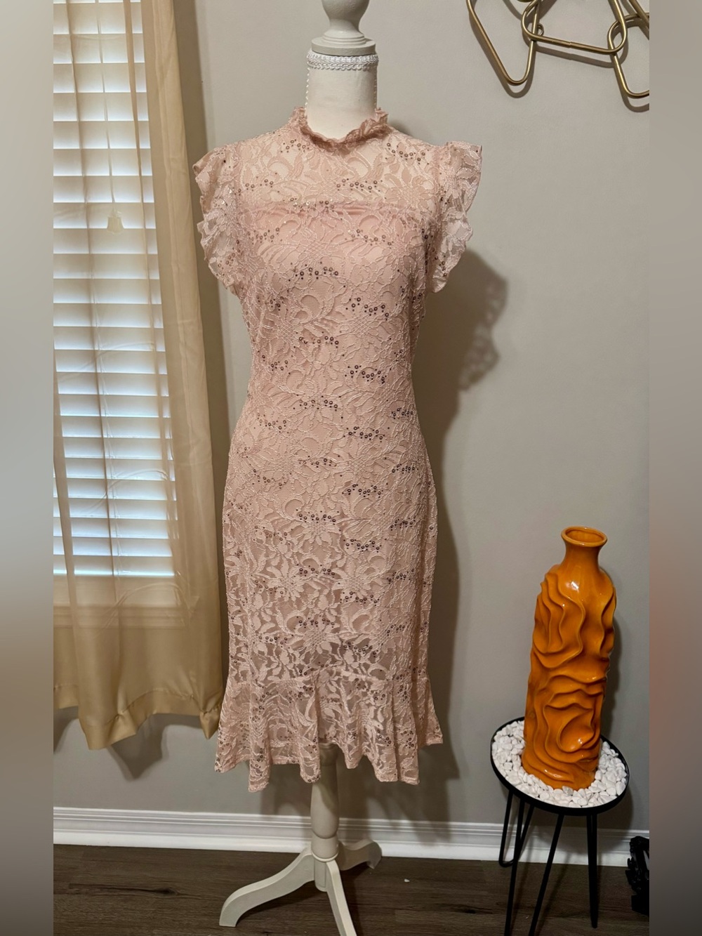 Blush Lace Midi Dress with Ruffle Hem